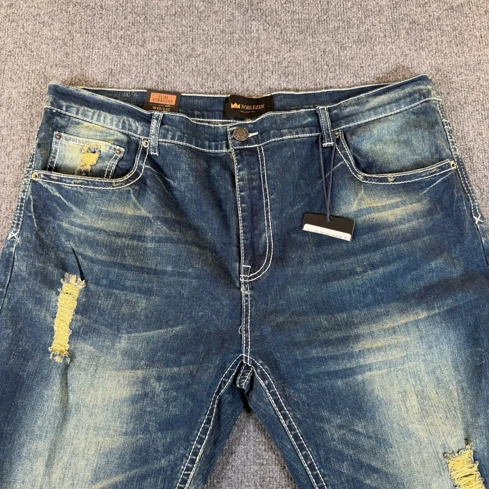 Noblezen Collection Mens Slim Straight Jeans Blue Distressed‎ W40 L32 NEW
